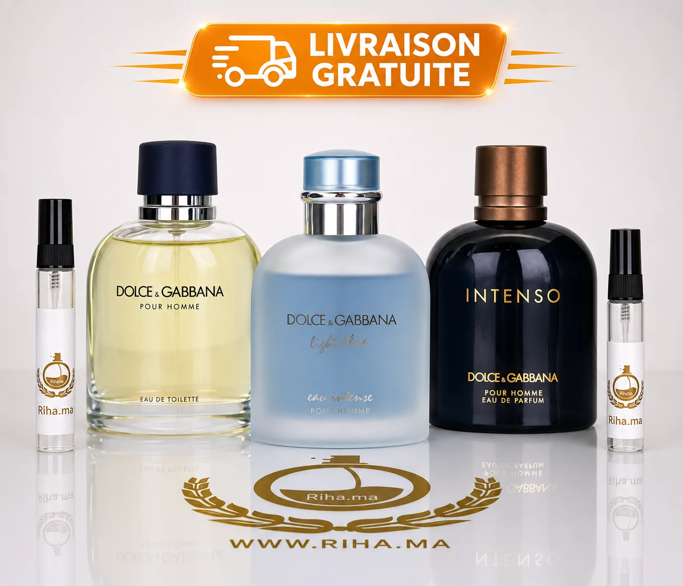 Pack Decantage Dolce & Gabbana Pour Homme –Dolce Gabbana Pour Homme EDT+Dolce Gabbana light Blue Intense EDP +Dolce Gabbana Intenso EDP Authentic pack decantage dolce — Pack décantage Dolce Gabbana pour homme avec trois mini flacons