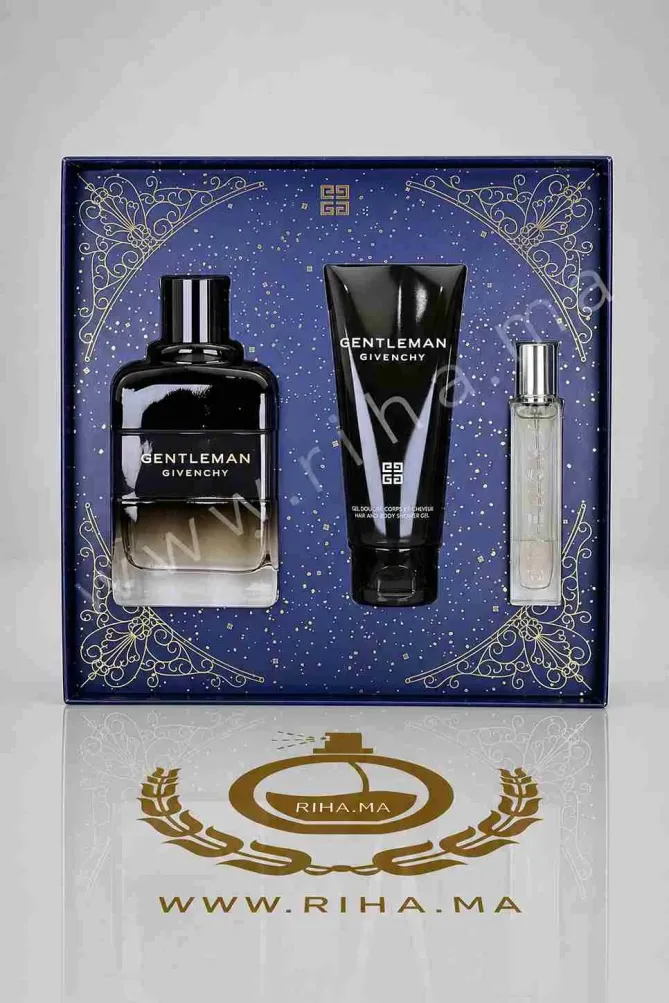 Coffret Gentleman Givenchy Eau de Parfum boisée Coffret Gentleman Givenchy Eau de Parfum Boisée sur fond sombre élégant
