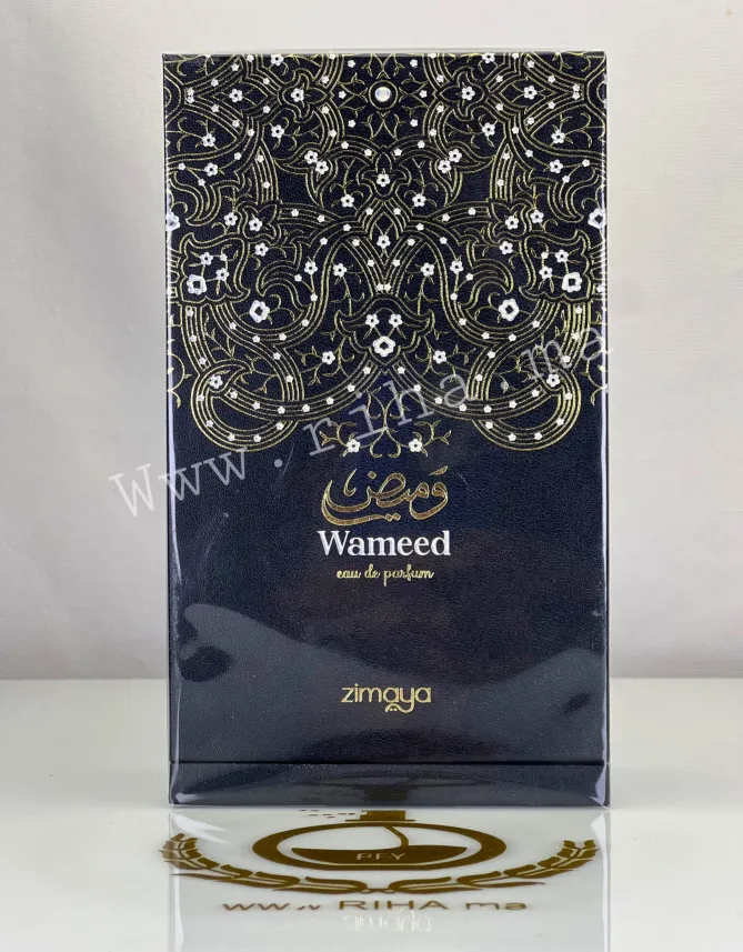 Wameed Zimaya Eau de Parfum 90ML - inspiré de angels share Flacon de wameed zimaya eau de parfum sur fond doré