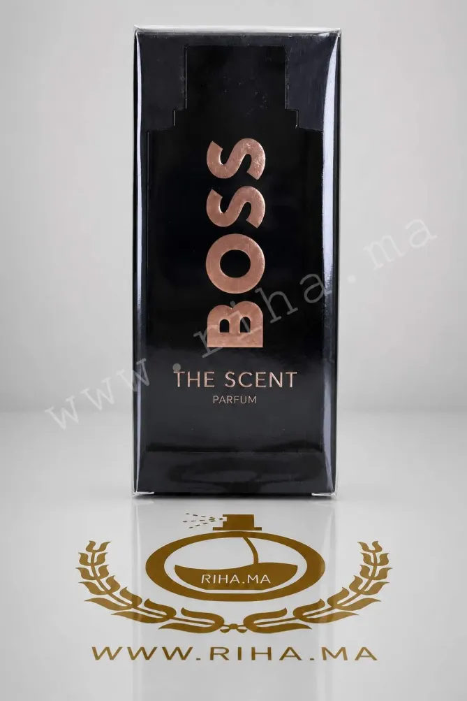 Boss The Scent Le Parfum for Him Le Parfum Hugo Boss 100ml Flacon de parfum Boss the scent Hugo Boss sur fond noir élégant