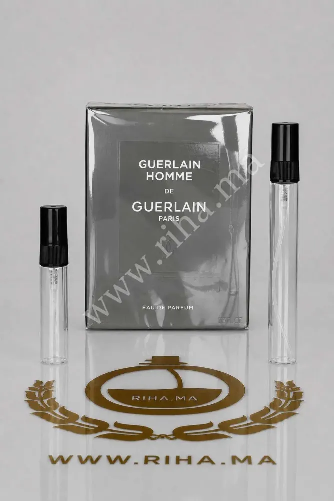 Decantage Guerlain Homme Eau de Parfum Guerlain pour homme decantage guerlain homme — Flacon de décantage Guerlain Homme posé sur fond noir élégant