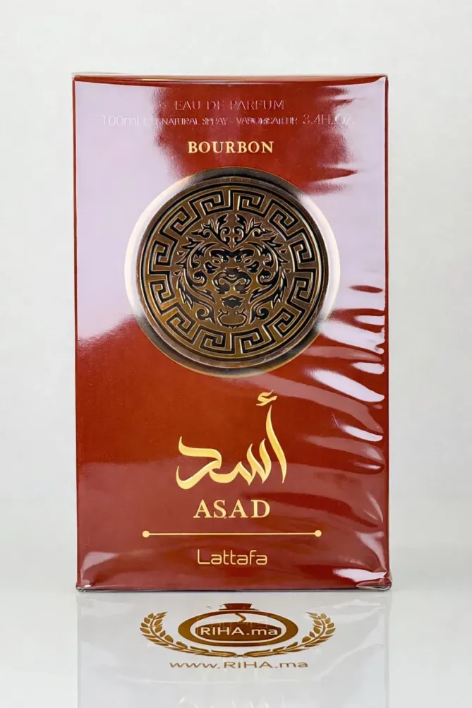 Asad Bourbon Eau de Parfum Lattafa Parfume Pour Homme 100ML Authentic Flacon de Asad Bourbon Lattafa Parfume pour homme sur fond sombre