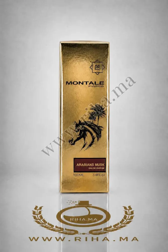 Flacon d'Arabians Musk Montale Eau de Parfum 100ml sur fond noir élégant