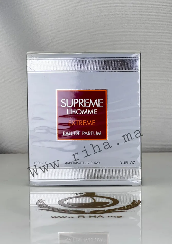 Supreme L'homme Extreme Eau De Parfum Fragrance World Pour Homme 100ML Flacon de Supreme lhomme extreme fragrance world sur fond noir élégant
