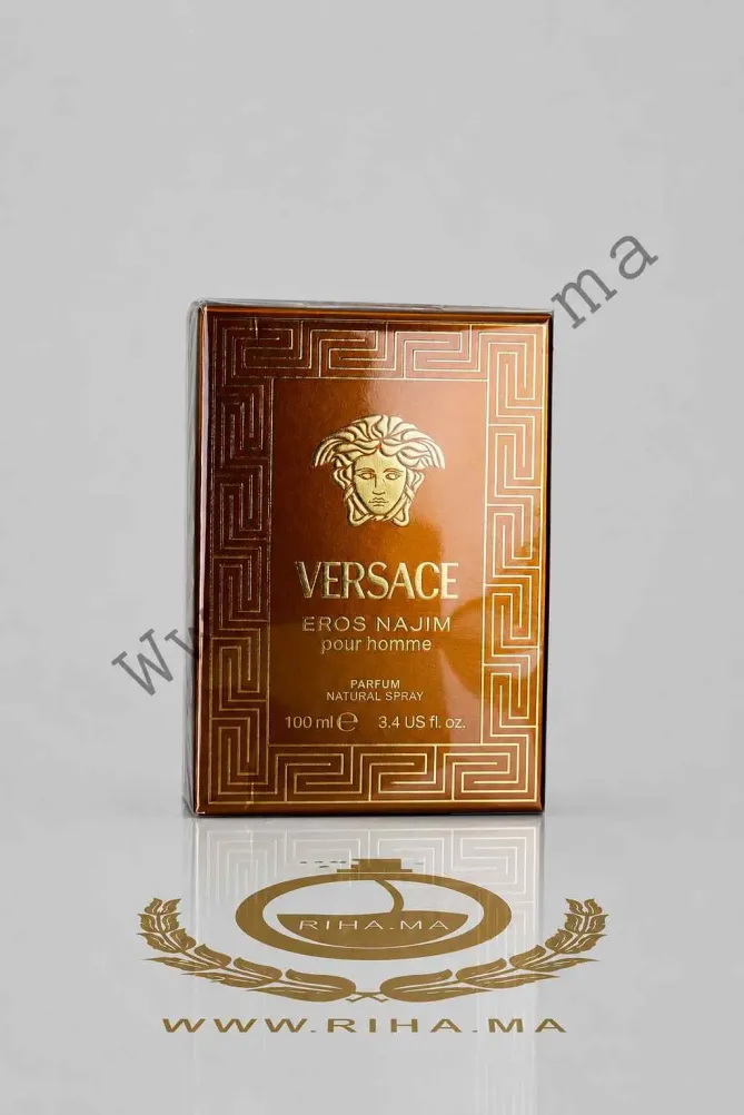 Eros Najim Versace Parfum Pour Homme 100ML Flacon de parfum eros najim versace sur fond noir élégant