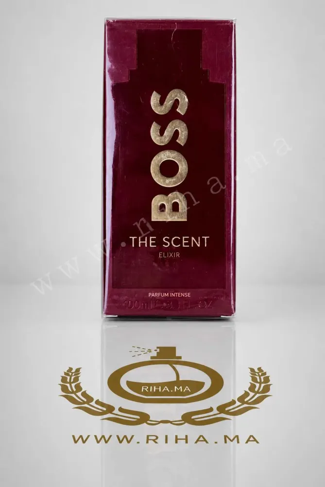 Boss The Scent Elixir For Him Hugo Boss Pour Homme Authentic Flacon de Boss The Scent Elixir Hugo Boss sur fond noir élégant