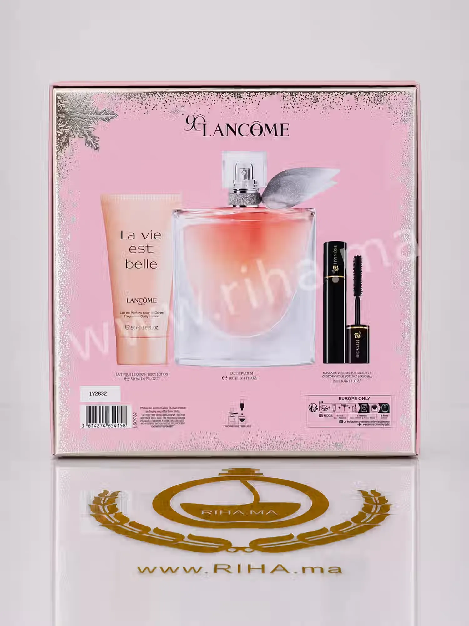Coffret Cadeaux La Vie Est Belle Lancôme Eau de Parfum Pour Femme 100ml — photo 3 Coffret de la Vie Est Belle Lancôme 100ml posé sur fond blanc élégant — vue 3