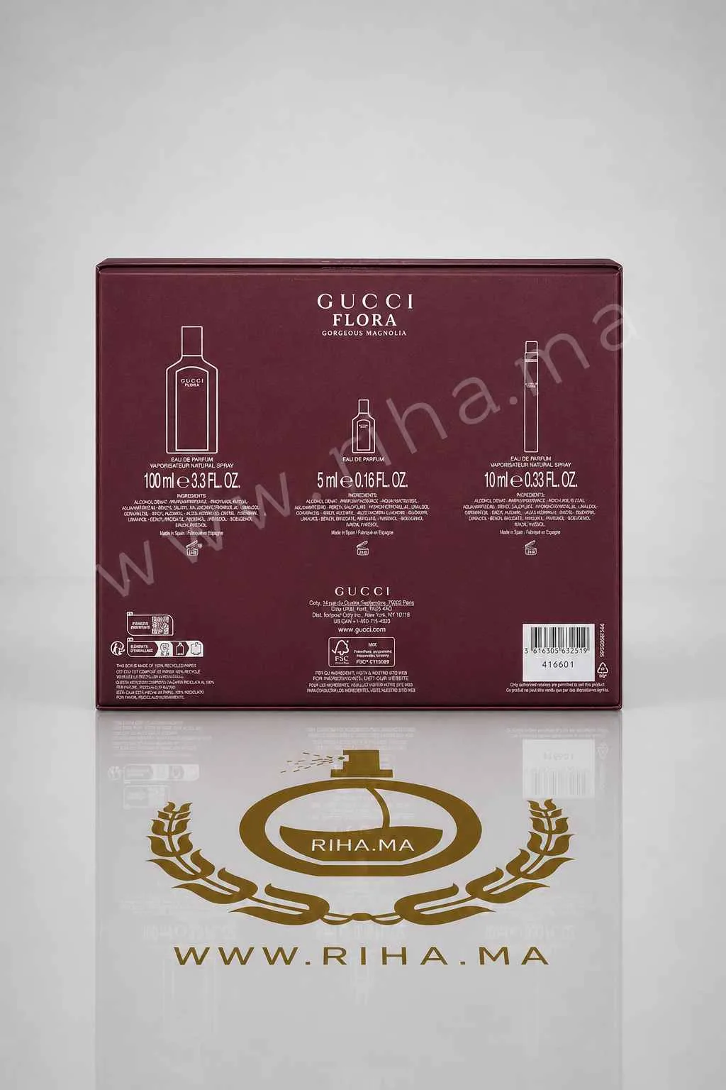 Coffret Flora Gorgeous Magnolia Gucci Eau de Parfum Pour Femme 100 ML — photo 2 coffret flora gorgeous — Coffret cadeau Gucci Flora Gorgeous Magnolia posé sur fond blanc élégant — vue 2