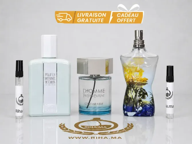 Pack Decantage Promo Pour Homme – Le Male Cologne + Pour Un Homme de Caron + L’Homme YSL Cologne Bleue 5ml 10ml Pack decantage homme avec trois flacons de parfum sur fond bleu