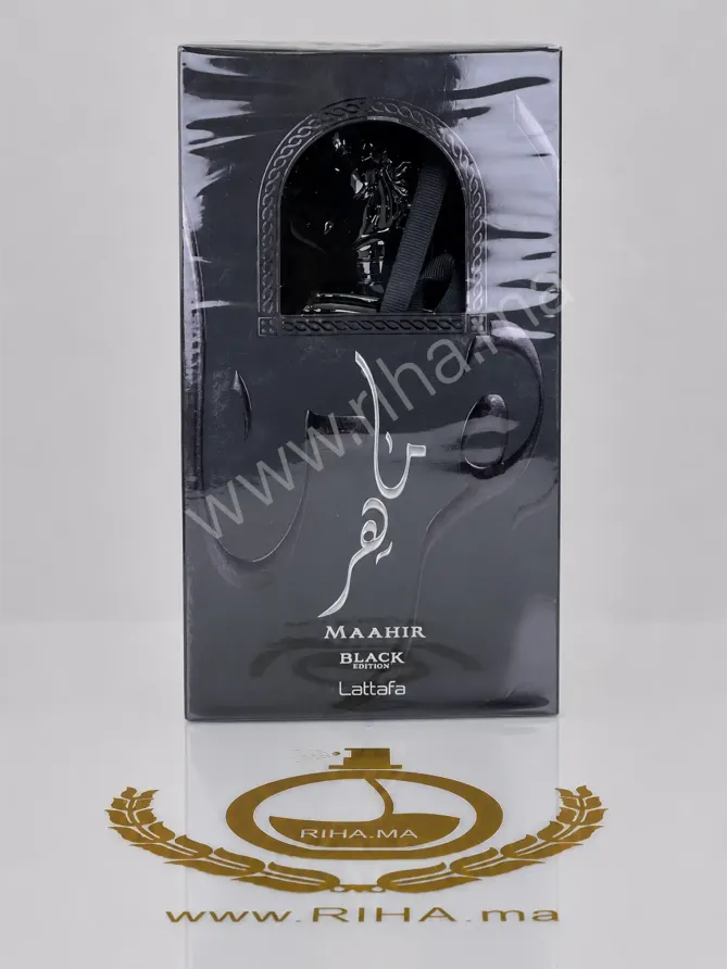 Maahir Black Edition Lattafa Perfumes Eau de Parfum 100ml Flacon de maahir black edition lattafa sur fond sombre élégant