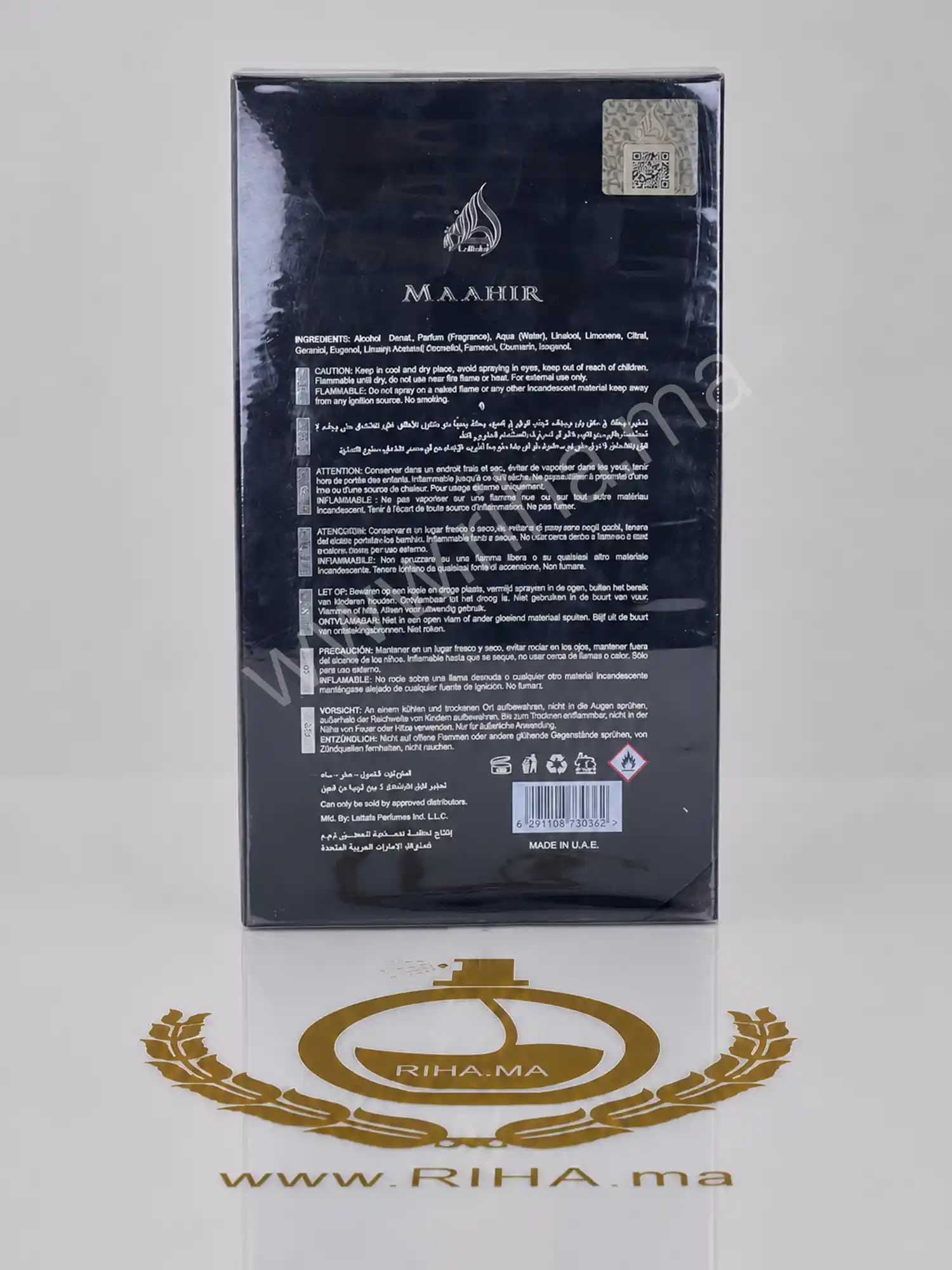 Maahir Black Edition Lattafa Perfumes Eau de Parfum 100ml — photo 2 Flacon de maahir black edition lattafa sur fond sombre élégant — vue 2