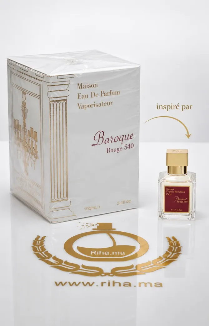 BAROQUE ROUGE 540 Maison al Hambra eau de parfum 100ml inspiré de baccarat rouge 540 Flacon de baroque rouge 100ml posé sur fond sombre élégant
