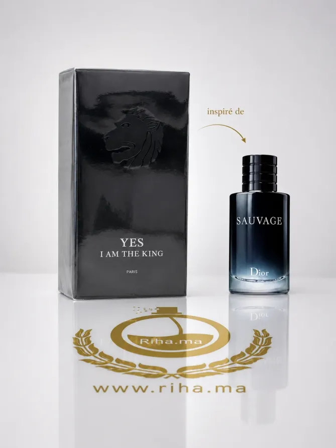 Flacon de parfum yes im the king sur fond noir élégant
