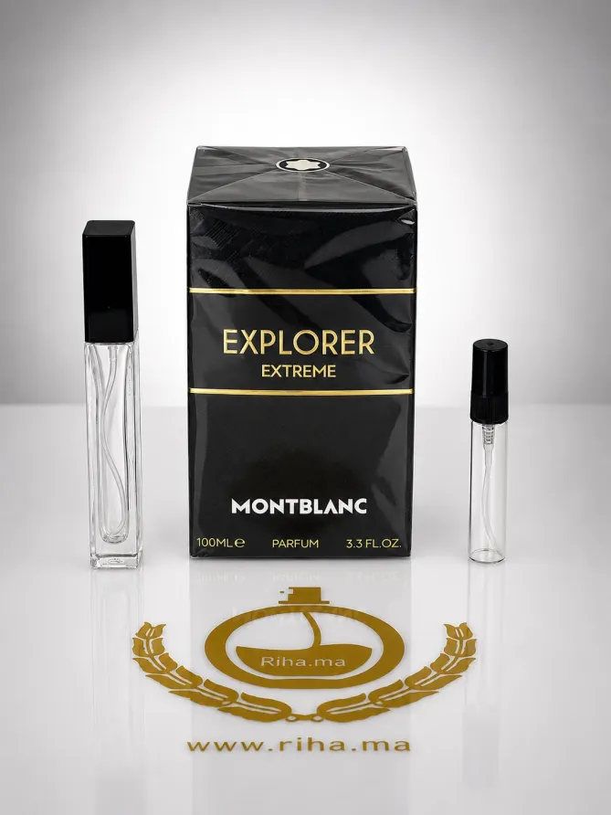 Decantage Montblanc Explorer Extreme Parfum Pour Homme Flacon de decantage Montblanc Explorer Extreme posé sur fond sombre