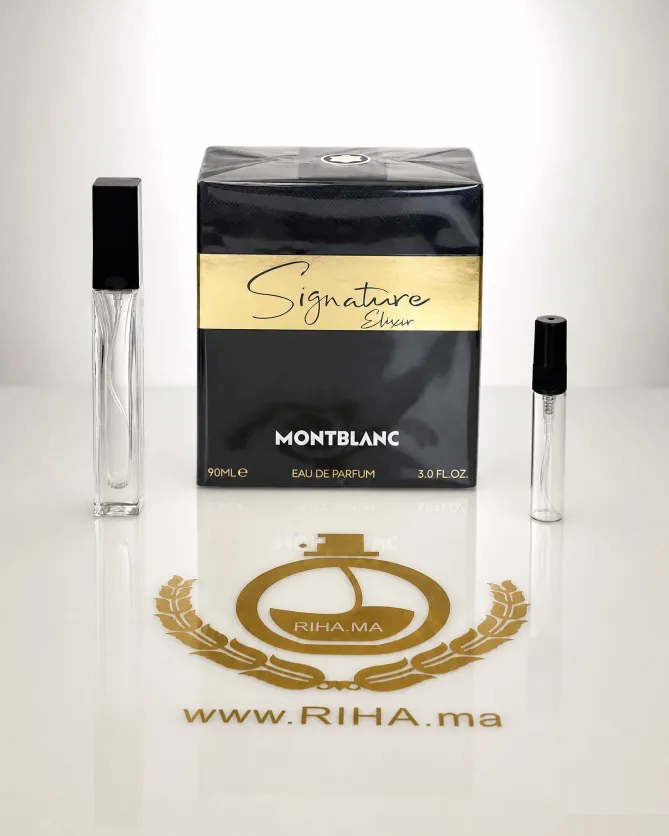 Decantage Montblanc Signature Elixir Eau de Parfum Pour Homme Flacon de decantage montblanc signature elixir posé sur fond sombre