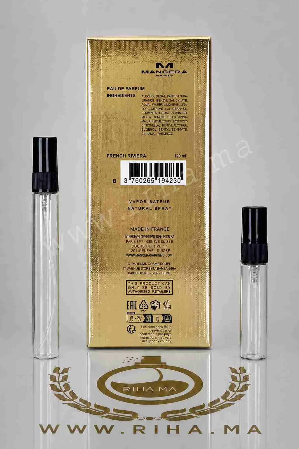 Decantage French Riviera Mancera Eau de Parfum — photo 2 decantage french riviera mancera — Flacon de décantage French Riviera Mancera sur fond bleu — vue 2